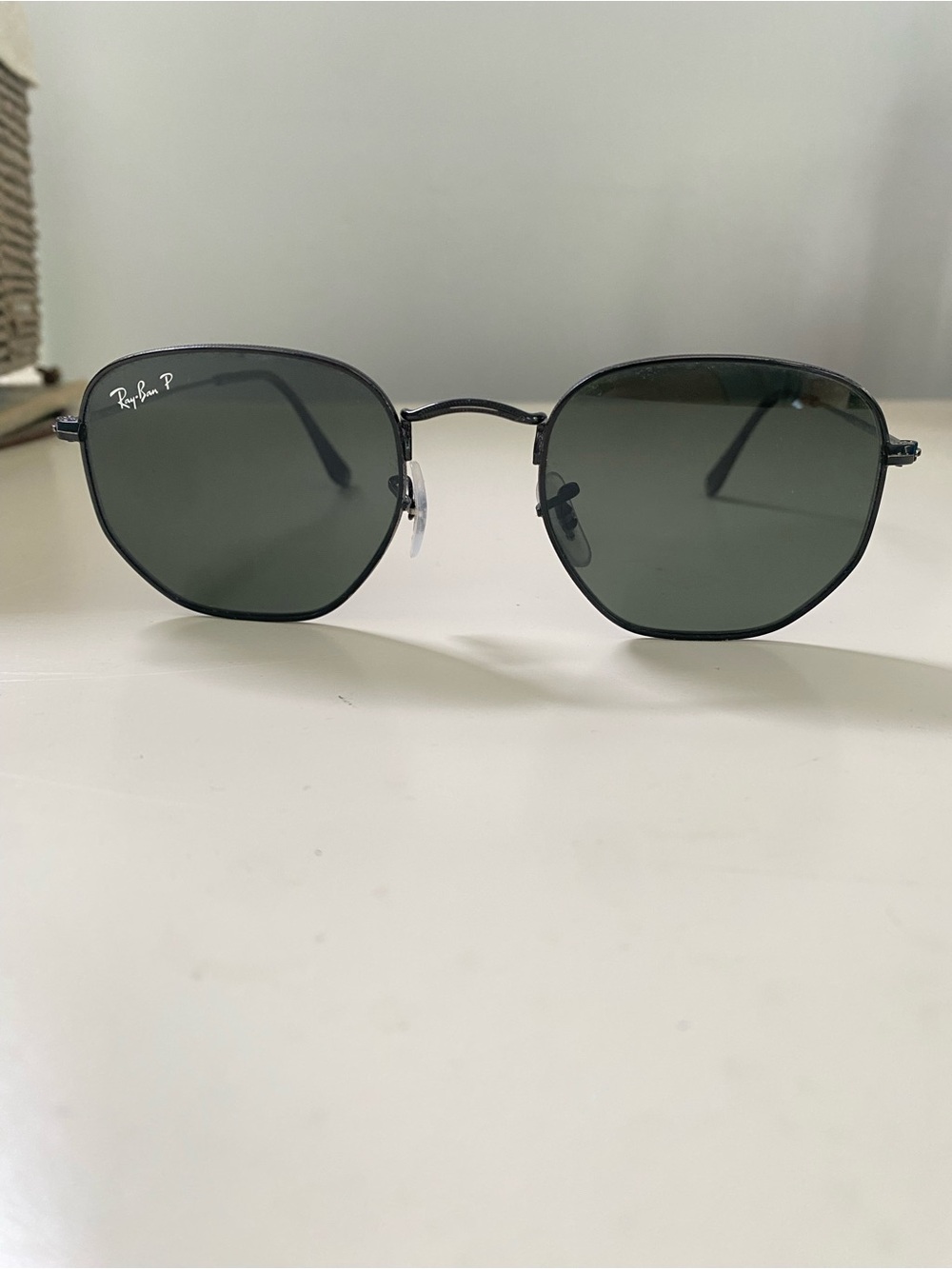 Ray-Ban Hexagonal Black Metal Sunglasses with Dark Green Lenses